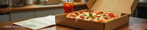 A freshly delivered pizza box sits on a kitchen counter, next to a takeout menu and a refreshing drink The scene evokes convenience and a satisfying home-delivered meal , cuisine, hot