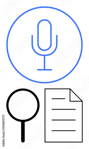 Microphone inside circle, magnifying glass, and document represent search, voice input, and file analysis. Ideal for communication, technology, research, AI tools productivity accessibility