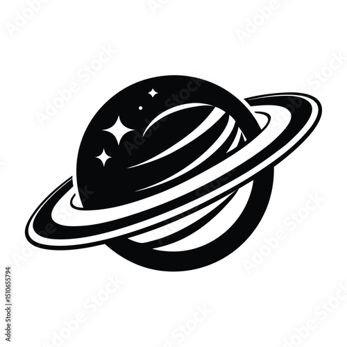 Black and white depiction of a planet with rings and stars around it