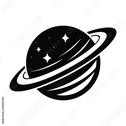 Black and white depiction of a planet with rings and stars around it
