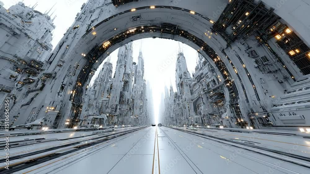 Futuristic Cityscape Tunnel: A Sci-Fi Architectural Marvel with Gleaming Structures