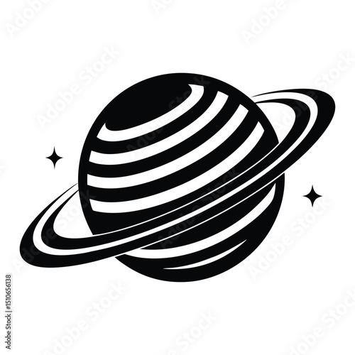 Black and white depiction of a planet with rings and stars around it