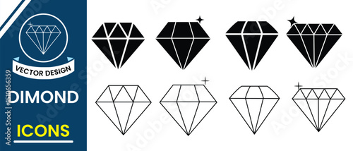 Diamond icon vector set. Diamond icon vector symbol, Line diamond icon set. Diamond, crystal icon logo, jewelry icon, gem icon. Vector illustration.