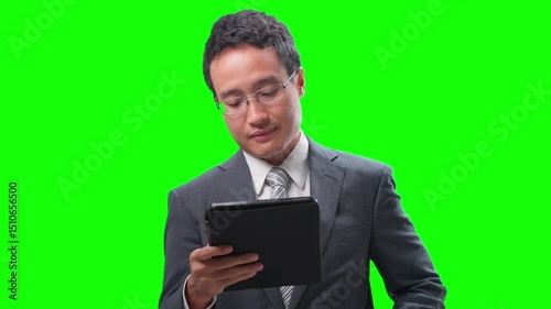 Asian businessman using digital tablet for online work on green screen background