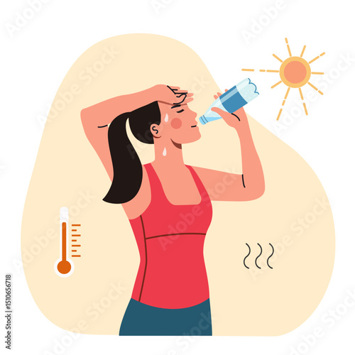 Young woman drinks water under the scorching sun. Hot summer weather. Vector cartoon flat style illustration