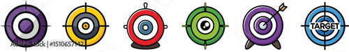 Target icon set including goal, aim, marketing and business objective vector symbols for strategy, planning, precision and achievement