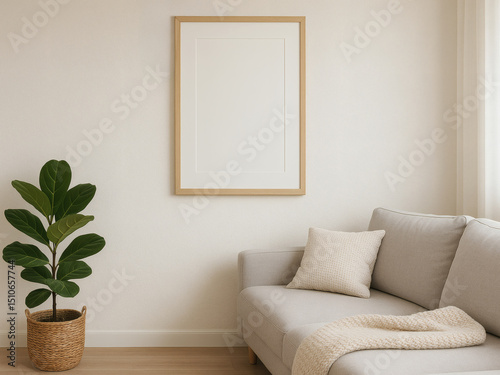 2:3 portrait vertical picture frame mockup with mat for photos and art. Cozy living room scene with neutral couch and potted plant.