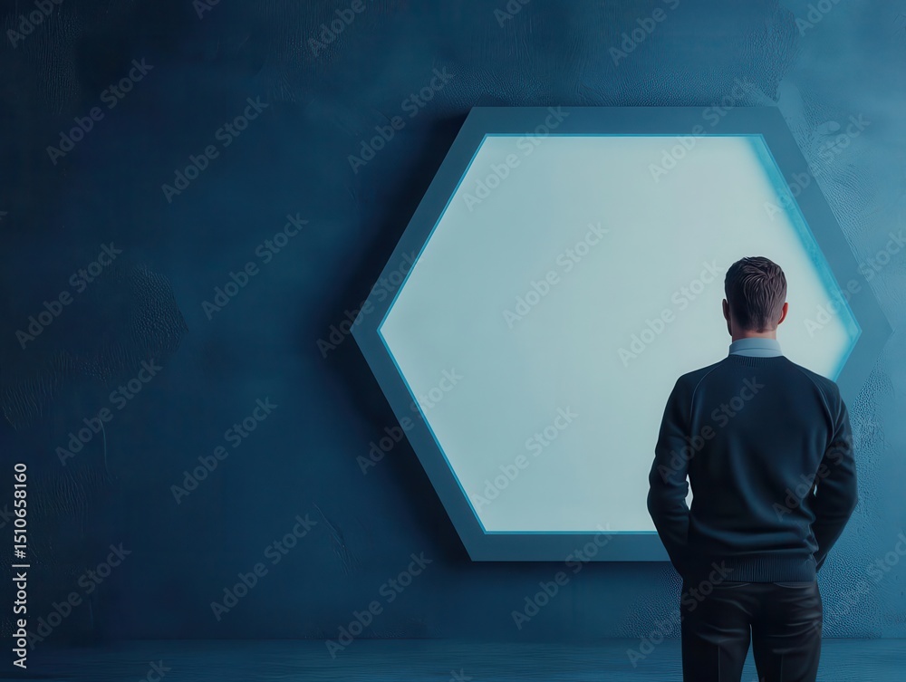 Fototapeta premium Startup founder standing inside glowing hexagons, network and connectivity concept