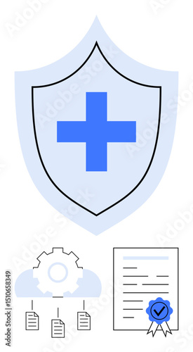 Shield with medical cross, cloud with linked files, cogwheel, and certified document. Ideal for healthcare, cybersecurity, insurance, compliance, document management medical systems flat simple