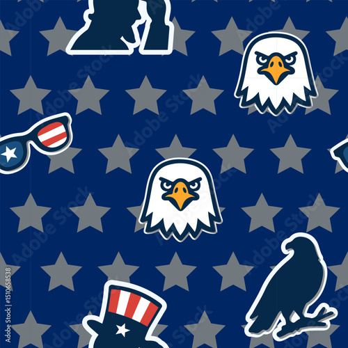 Seamless 4th of July pattern with wavy red and light gray stripes overlaid by sticker-style patriotic icons—bald eagle, Uncle Sam top hat, firework rocket, pie slice, and summer popsicle.

