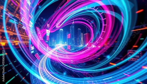 Vibrant digital metropolis encapsulated in luminous swirling light trails