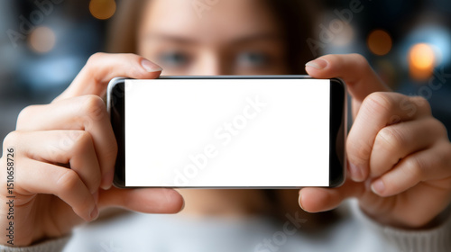 Frau hält Smartphone mit Textfreiraum horizontal vor unscharfem Hintergrund