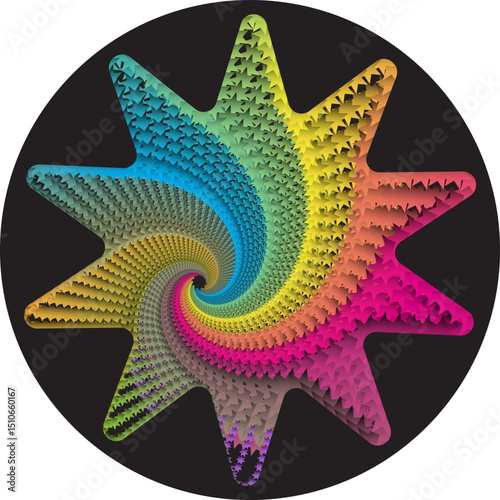 Digital illustration with a complex spiral pattern in the shape of a spoked star. Rainbow gradient colors create a visual effect that twists towards the center