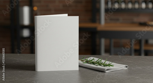 White Book Mockup on Grey Table with Rosemary
