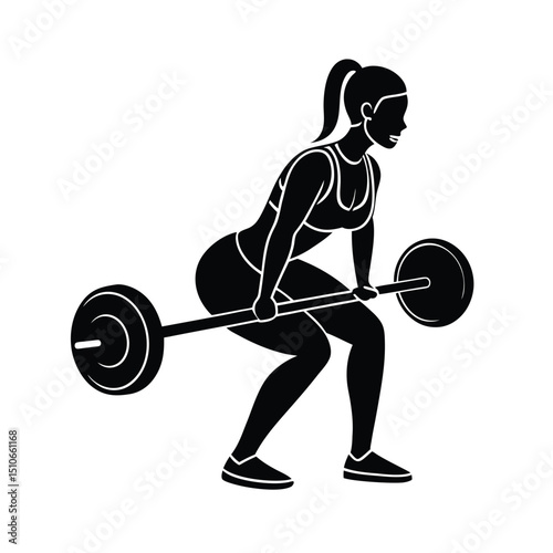 Woman Doing Deadlift Exercise with Barbell  Vector on White Background