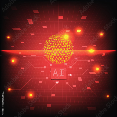  Golden AI Sphere on Red Data Grid Abstract Artificial Intelligence Concept