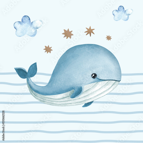CUte Whale Sea Animal Character watercolor