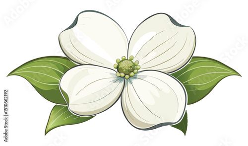 Elegant dogwood blossom with green leaves illustration