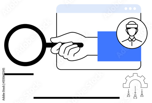 Hand holding magnifying glass on browser with avatar icon, representing search, user analysis, and discovery. Ideal for research, recruitment, HR, analytics innovation hiring optimization. Flat
