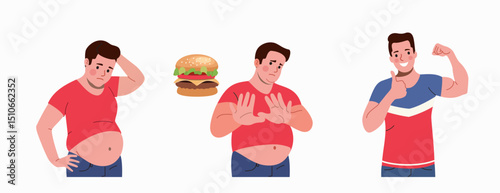 Set of illustrations with an obese man. The concept of weight loss and diet. Flat style cartoon vector