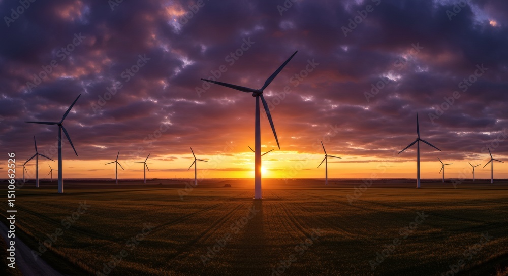 Obraz premium A breathtaking sunset bathes a field of wind turbines in a warm, golden light.