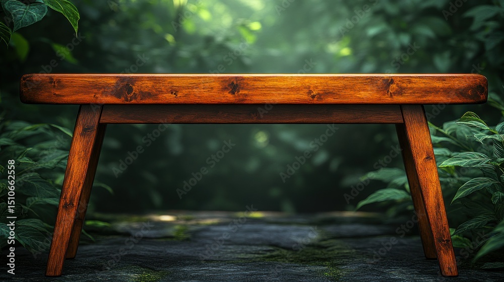Fototapeta premium Wooden bench in a lush jungle setting
