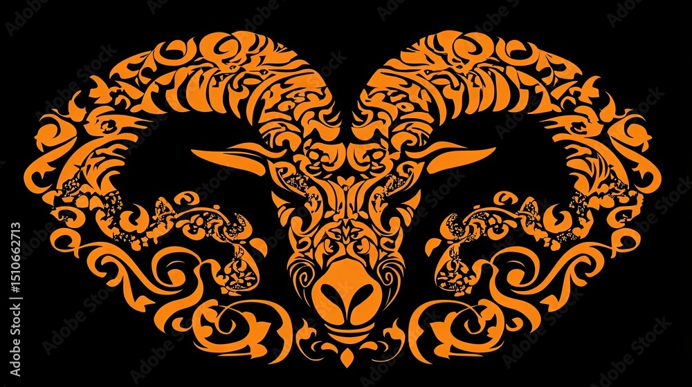 Fototapeta premium Ornate, stylized ram's head design on a black background.