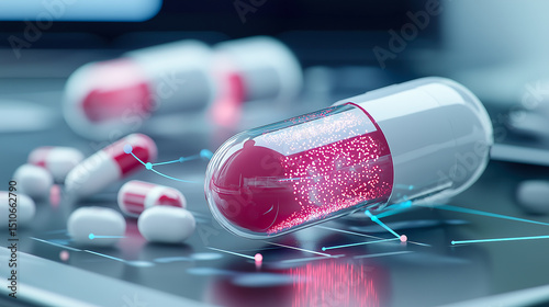 Futuristic red and white capsule pill is shown in close-up, surrounded by digital data points, symbolizing advanced medicine and biotechnology