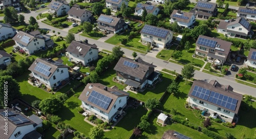 Aerial view of a residential neighborhood with solar panels on rooftops.