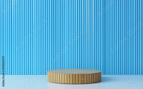 Wood podium blue backdrop minimal display background vertical simple