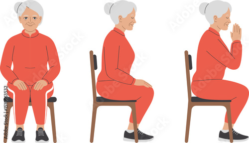Elderly woman doing chair yoga exercises for seniors in red sportswear, seated meditation and stretching routine for elderly health and wellness