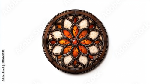 A round stained glass window with an intricate floral pattern in warm orange and cream hues, set in a wooden frame.