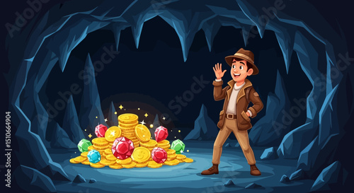 Fantasy Treasure Trove: Man in Cavern with Shining Coins and Jewels