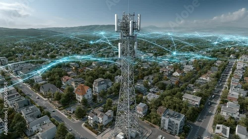 Aerial View of Communication Tower in Residential Area with Network Connections Illustration