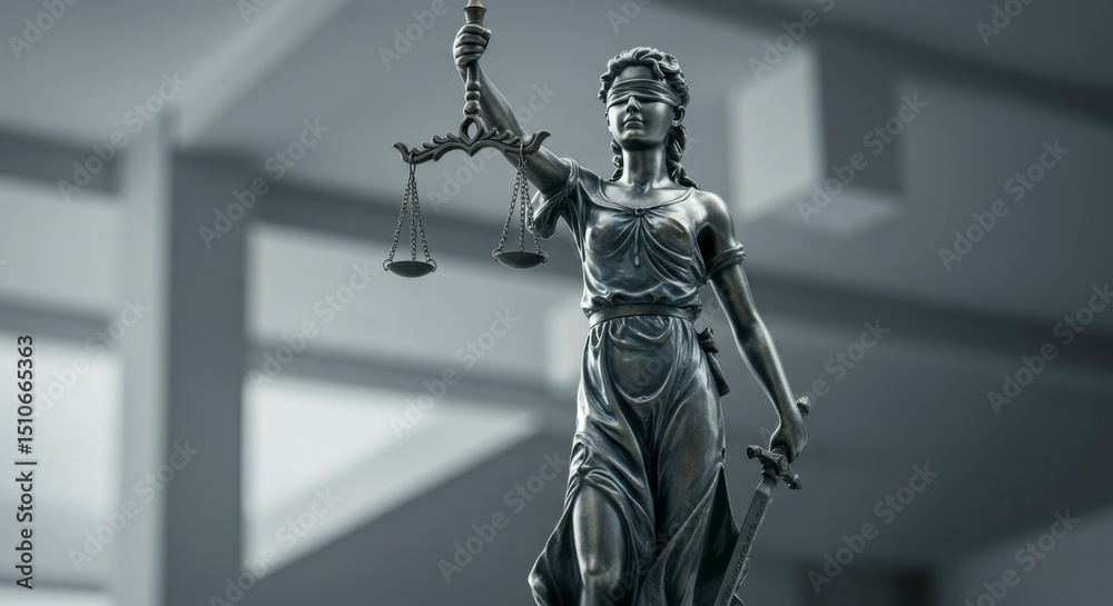 Fototapeta premium Statue of Lady Justice, blindfolded with scales and sword. Gray scale depiction of justice