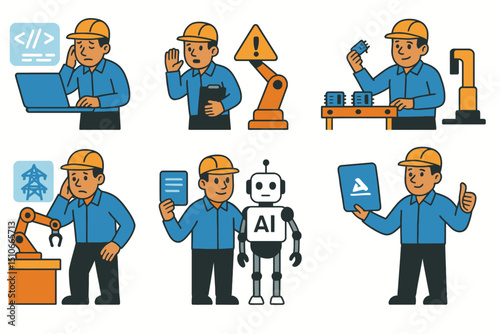 Engineer in robotics scenarios coding, assembling chips, AI training, software upgrade, vector illustration, white background  