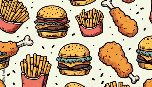 seamless vector pattern of burgers, fries and drumsticks, fast food doodle art pattern