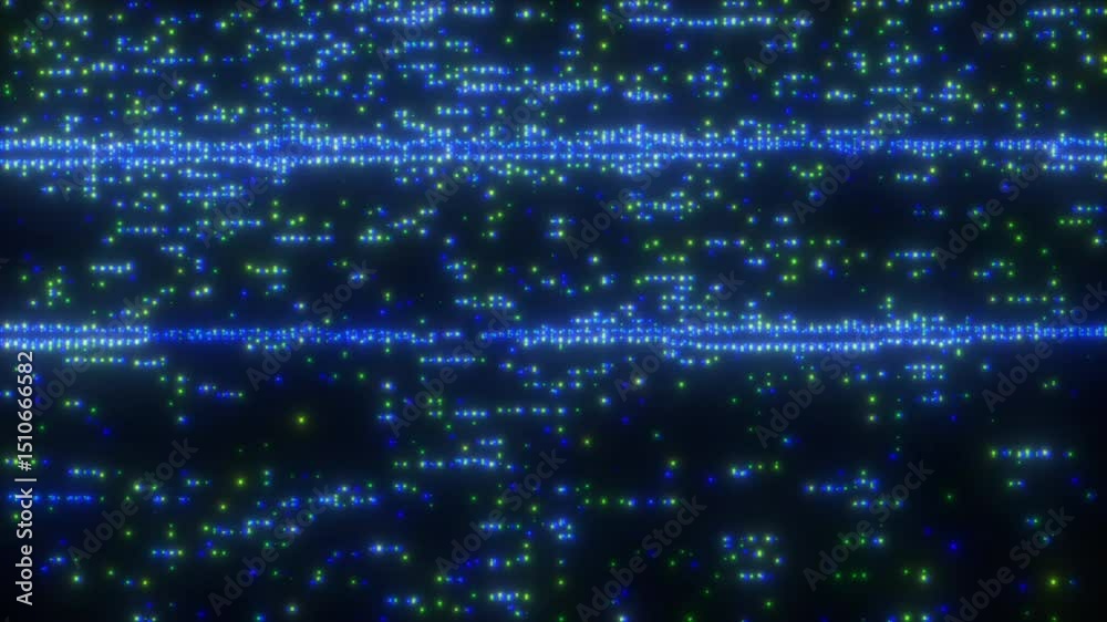 4K Digital glitch background with floating blue and green pixel particles, CRT scanline distortion and analog video noise, motion graphics overlay, screen mode, cyber interface and tech aesthetic