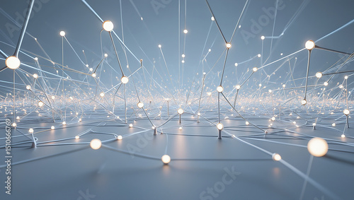 Abstract network illustration showcasing connected glowing nodes and lines in a digital landscape