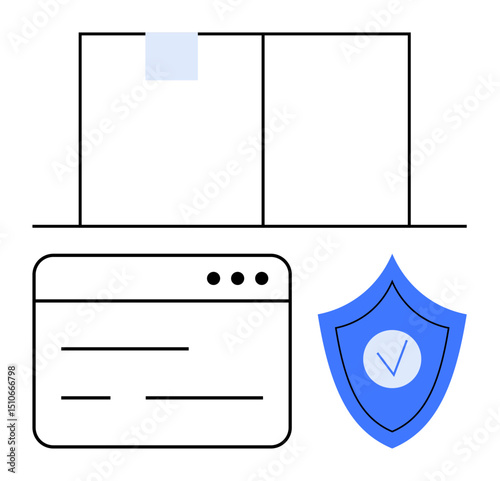 Laptop with open browser, blue shield with checkmark symbolizing security. Ideal for cybersecurity, privacy, tech solutions, website protection, user safety, software reliability, simple landing page