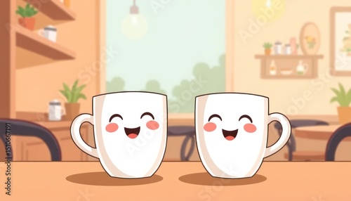 Two smiling coffee mugs illustration sitting on table in a cafe scene