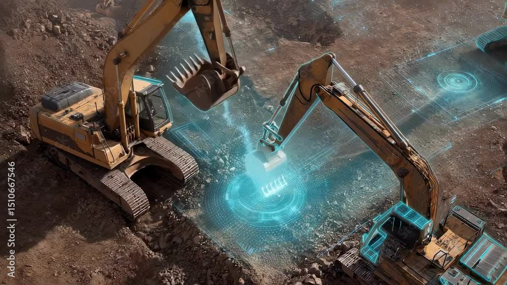 Autonomous excavators, guided by artificial intelligence, collaborate on a mining operation, demonstrating advanced automation in the extraction industry