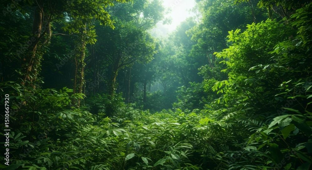 Fototapeta premium Lush green forest path, sunlight filtering through dense canopy, creating a mystical atmosphere