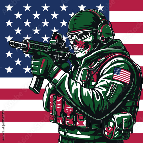 Futuristic Skull Soldier with Gun in Front of American Flag – Tactical Military Illustration