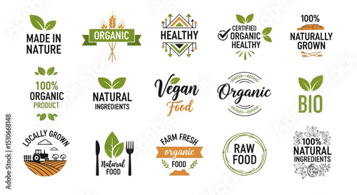 Collection of Organic and Natural Food Logos Vegan, Healthy, Farm Fresh
