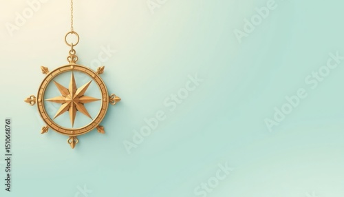 Golden compass with eight points of navigation on blue background with space