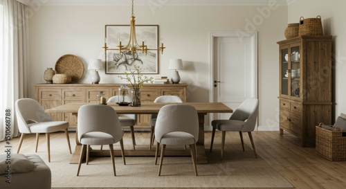 A sunlit dining area, features a wooden table and chairs with elegant decor elements and cabinets