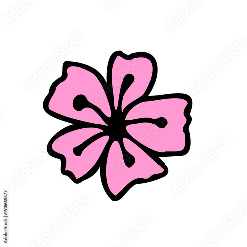 Hand drawn flower with five round pink petals. Ideal for playful or kids' themed design content.
