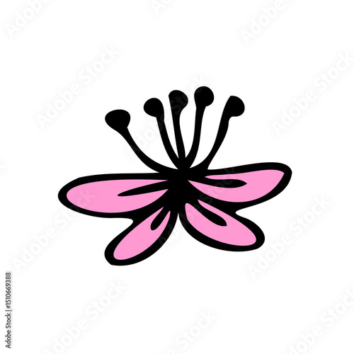 Pink flower doodle with visible black stamen. Ideal for floral stickers, greeting cards, and feminine graphics