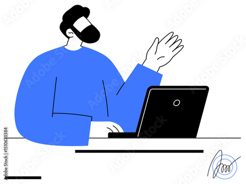 Man gesturing during online meeting with laptop in casual setting. Ideal for communication, technology, remote work, online learning, business networking, virtual events, simple landing page